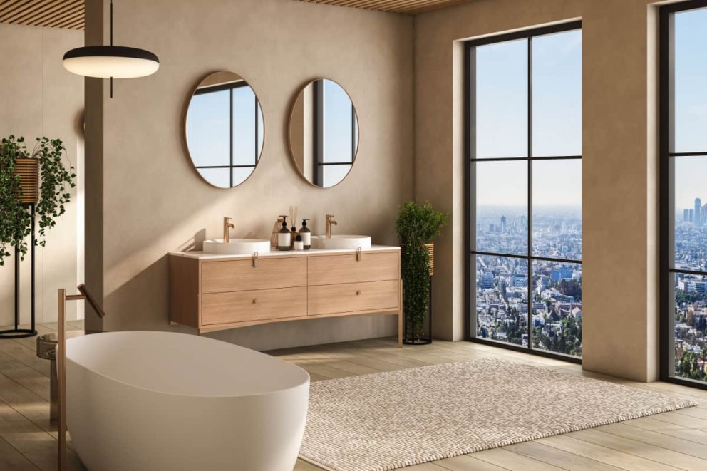 Baie în stil scandinav – cadă freestanding, mobilier, chiuvete, oglinzi, obiect de iluminat suspendat, ferestre mari, covor Baie în stil scandinav – cadă freestanding, mobilier, chiuvete, oglinzi, obiect de iluminat suspendat, ferestre mari, covor