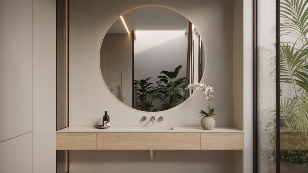 Baie modernă cu oglindă rotundă, chiuvetă și plante