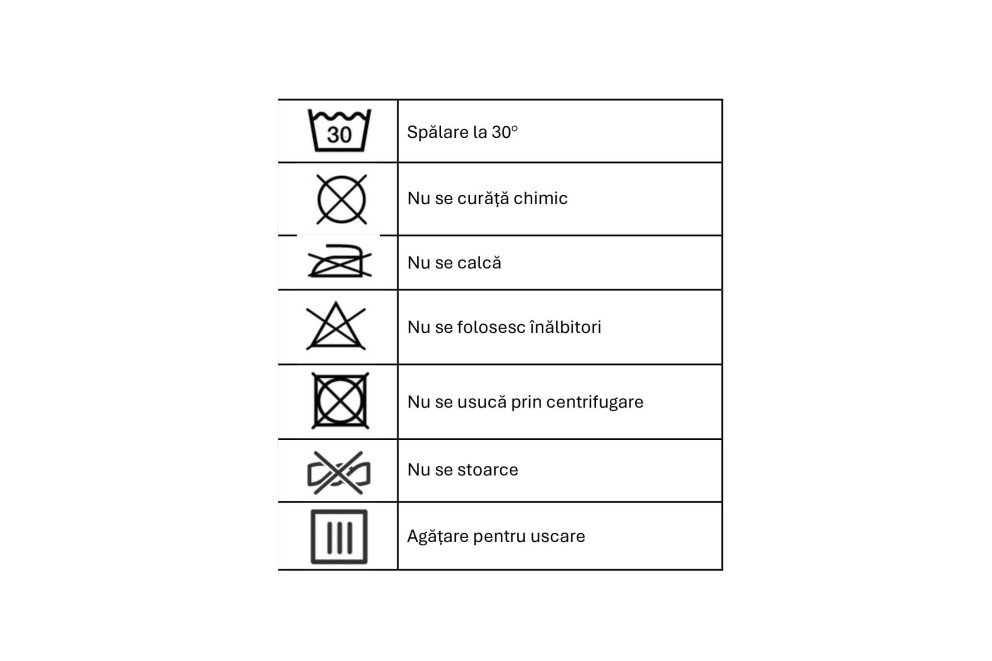 Simboluri de spălare: Spălare la 30 grade, a nu se curăța chimic, a nu se călca, a nu se folosi înălbitori, a nu se usca prin centrifugare, a nu se stoarce, agățare pentru uscare