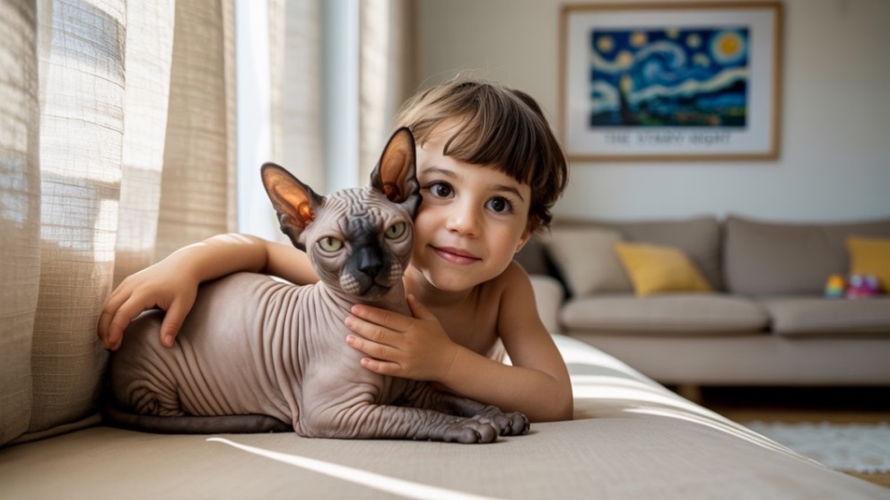 Copil îmbrățișând o pisică Sphynx într-un living.