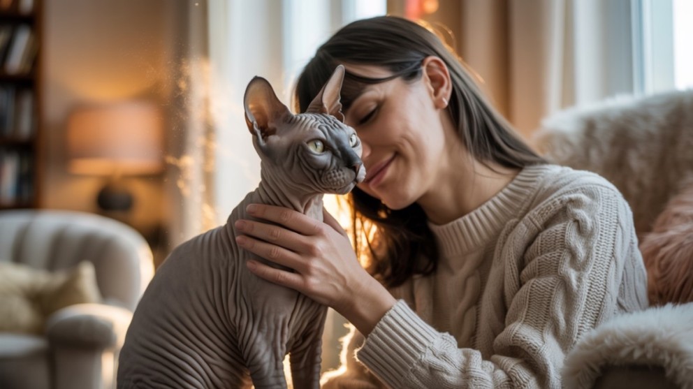 Femeie îmbrățișează o pisică Sphynx într-o sufragerie luminoasă și primitoare.