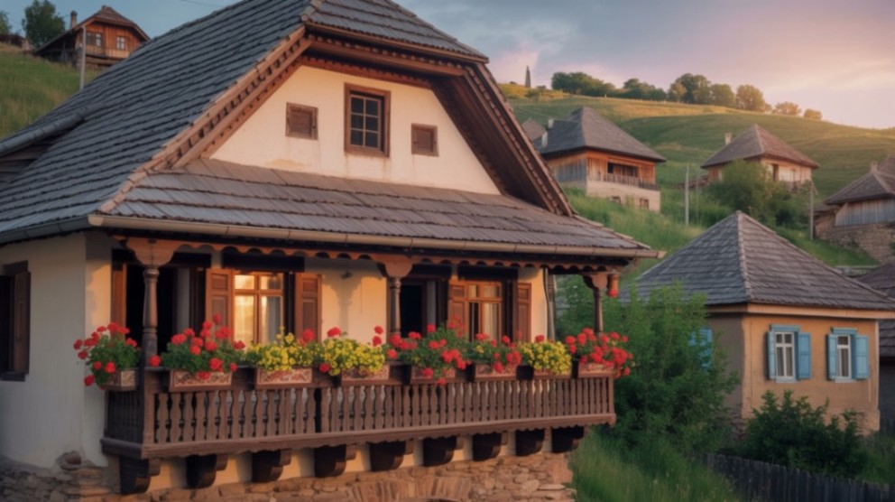 Peisaj rural cu case tradiționale și balcon decorat cu flori