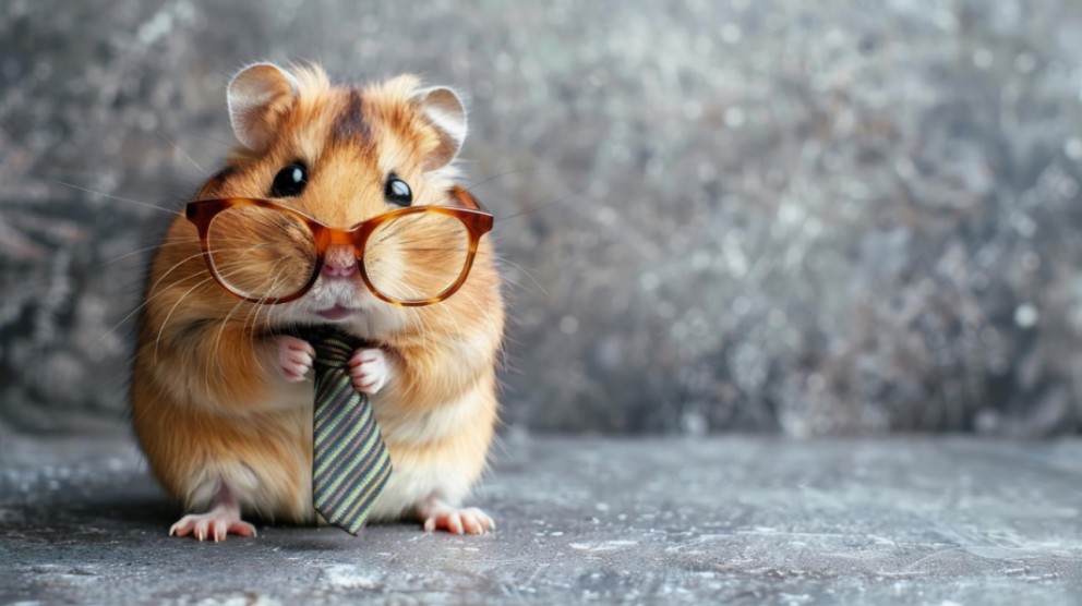Hamster auriu cu ochelari și cravată