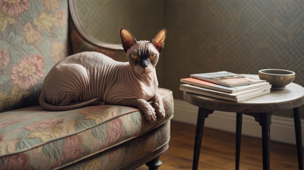 O pisică Sphynx se odihnește pe un fotoliu cu model floral, lângă o măsuță cu reviste.