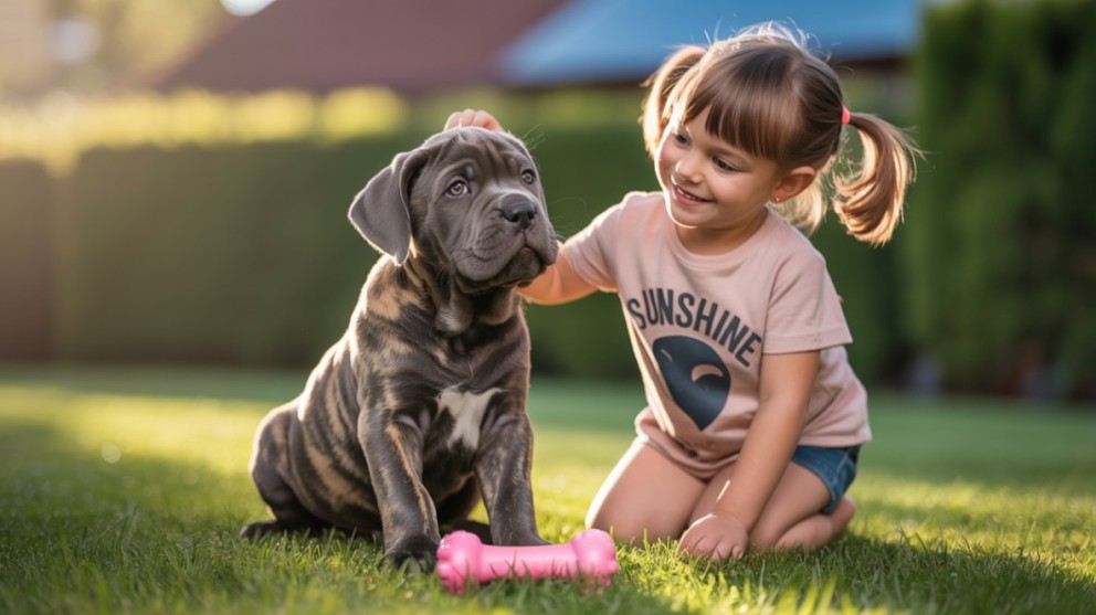 O fată mângâie un pui de Cane Corso în grădină, un os roz de jucărie zace în iarbă.