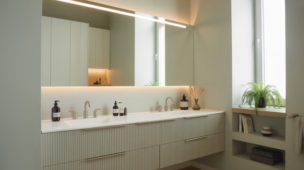 Baie modernă cu chiuvetă dublă, oglindă mare și iluminare integrată pentru un ambient luminos și organizat.