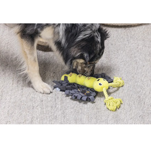 Câine explorând jucăria interactivă pentru hrană cu design de omidă pe o covorașă de detectare a mirosului