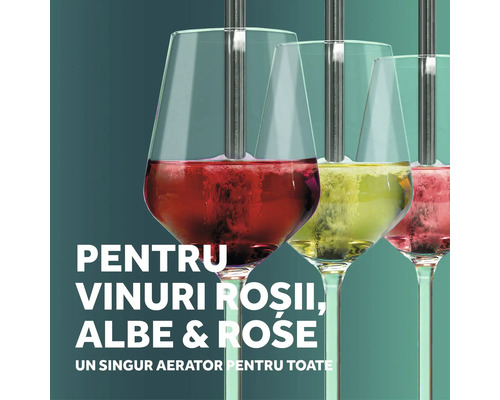 Trei pahare de vin aerate cu un aerator de vin pentru vin roșu, vin alb și vin rosé.