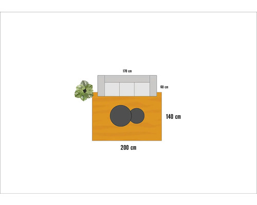 Vedere de sus a unui design de terasă cu canapea, masă și plantă cu dimensiuni