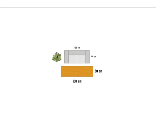 Vedere de sus a unui set de ședere cu masă și plantă, dimensiuni indicate în centimetri