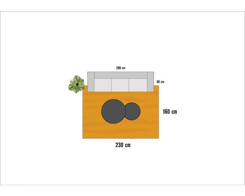 Plan de cameră cu canapea, masă și plantă cu dimensiuni