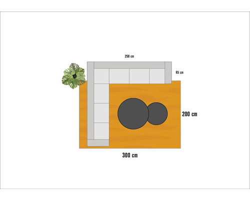 Vedere de sus a unui aranjament de living cu canapea de colț, măsuțe de cafea și plantă de apartament cu dimensiuni