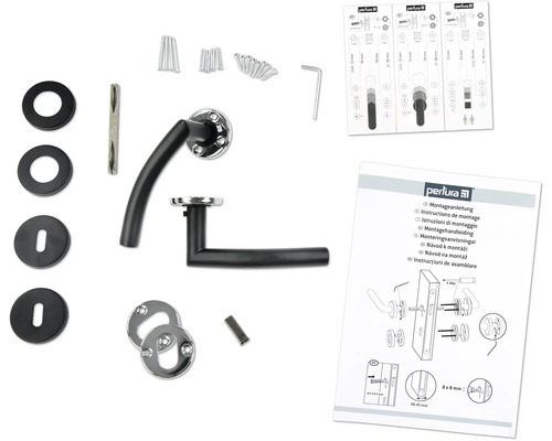 Componente pentru un set de feronerie de ușă cu mâner, rozete și instrucțiuni de montaj