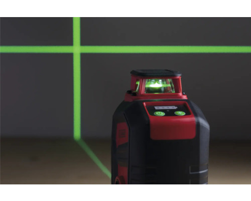 Laser rotativ roșu și negru care proiectează linii laser verzi.