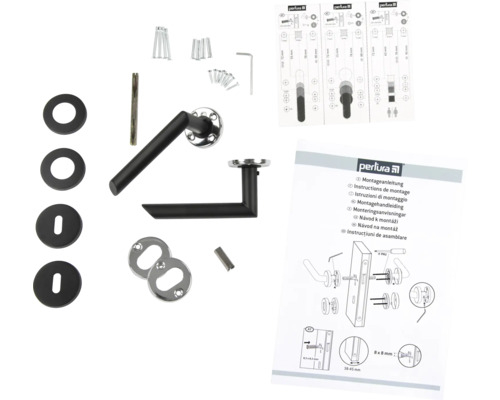 Set clanță de ușă cu rozete, șuruburi și instrucțiuni de montaj