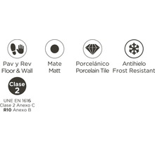 Simbol pentru podea și perete, mat, gresie porțelanată, rezistent la îngheț, clasa 2, UNE EN 1616 clasa 2 anexa C, R10 anexa B