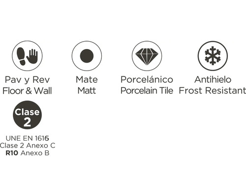 Simbol pentru podea și perete, mat, gresie porțelanată, rezistent la îngheț, clasa 2, UNE EN 1616 clasa 2 anexa C, R10 anexa B