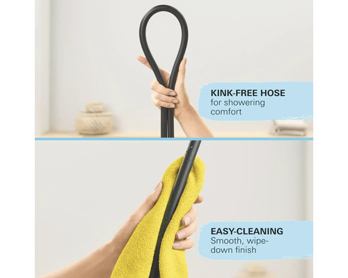 Imagine a unui furtun de duș anti-îndoire în mână și a unui furtun de duș șters cu o cârpă.