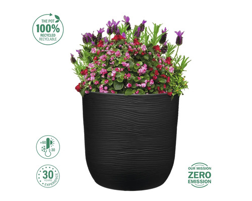 Ghiveci negru cu aranjament floral, reciclabil, rezistent la temperatură, 30 de ani de experiență, misiune zero emisii