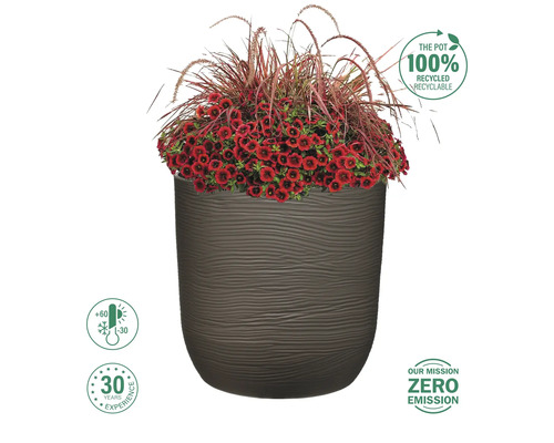 Ghiveci de flori cu plante roșii și ierburi, cu simboluri pentru rezistență la temperatură, material reciclabil și misiune corporativă.