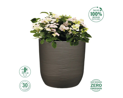 Ghiveci cu plantă și simbolurile: reciclabil, rezistent la temperatură, 30 de ani de experiență și misiune de zero emisii