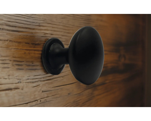 Buton negru de mobilier pe o ușă de lemn