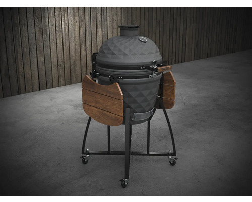 Grătar ceramic pe roți cu rafturi din lemn