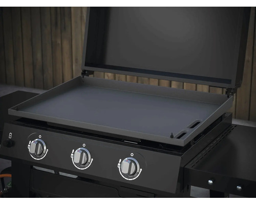 Plită grătar cu trei arzătoare și capac deschis