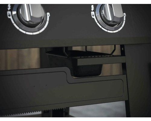 Detaliu grătar cu butoane rotative și tavă de colectare