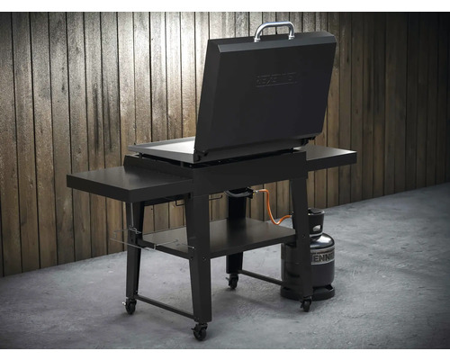 Grătar pe gaz cu capac deschis, rafturi și butelie de gaz