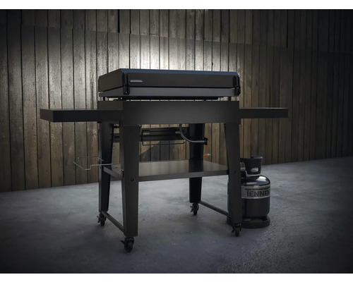 Grătar negru pe gaz cu spații de depozitare și butelie de gaz