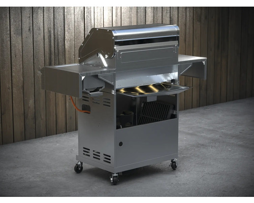 Grătar pe gaz din oțel inoxidabil cu rafturi de depozitare și role