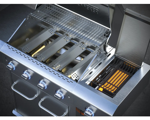 Grătar pe gaz din oțel inoxidabil cu capac deschis și grătar