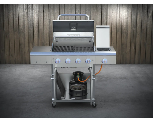 Grătar pe gaz din inox cu patru arzătoare, grătar și butelie de gaz