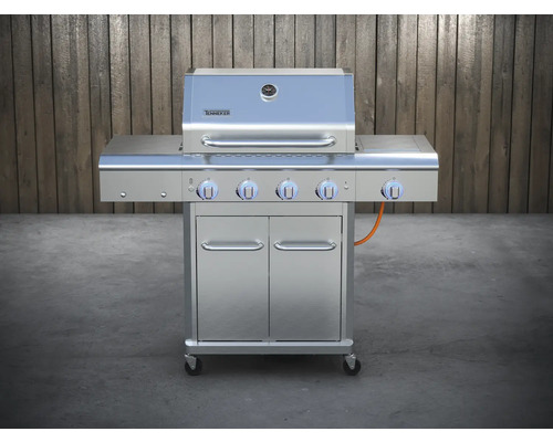 Grătar pe gaz din oțel inoxidabil cu patru arzătoare, suprafețe de depozitare, uși și roți