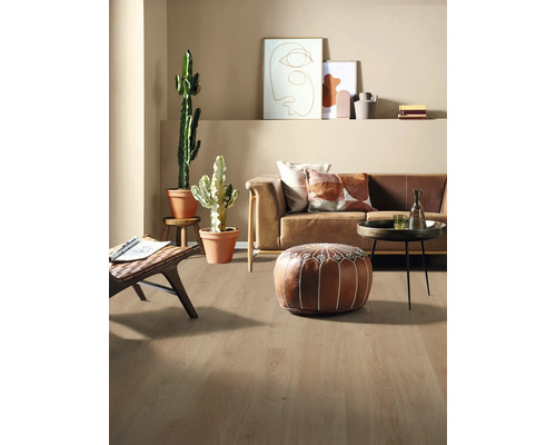 Living luminos cu canapea, perne, plante și podea din lemn