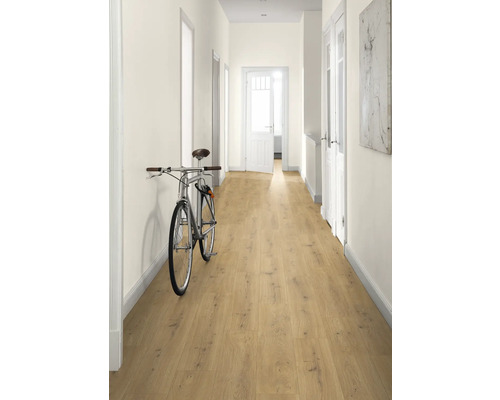 Hol cu podea din lemn deschis la culoare și bicicletă