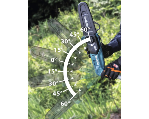 Sigla Makita. Reprezentarea unui fierăstrău de tăiat ramuri cu acumulator, cu cap de tăiere reglabil în diferite unghiuri.