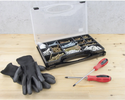 Cutie de sortiment cu șuruburi, dibluri, șurubelnițe și mănuși
