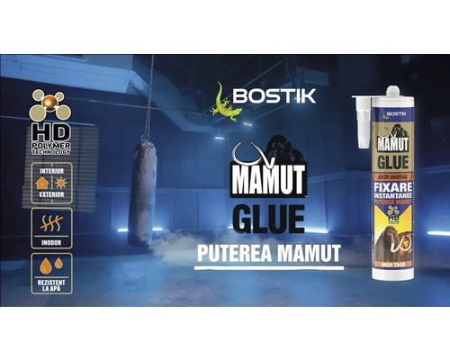 Tub de adeziv Bostik Mamut cu informații despre produs în fundal