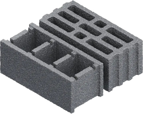 Două blocuri de cofrare din beton gri cu decupaje