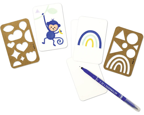 Set de lucru manual cu pixuri, șabloane și motive pe hârtie pentru proiecte creative.