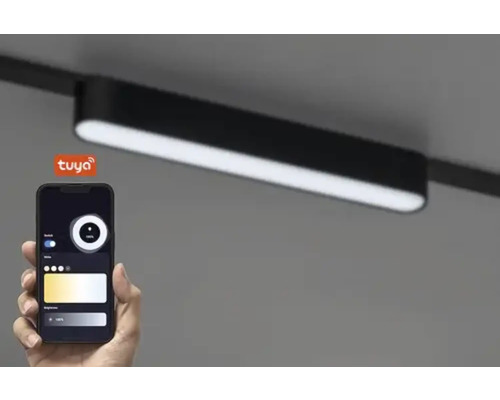 Șină cu spot LED și smartphone cu aplicația Tuya pentru control