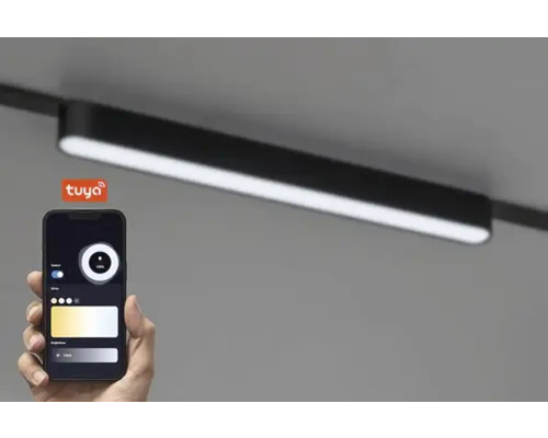 Spot pe șină negru cu control prin aplicația pentru smartphone și logo Tuya.