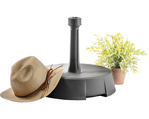 Suport gri pentru umbrelă de soare cu pălărie și plantă la ghiveci
