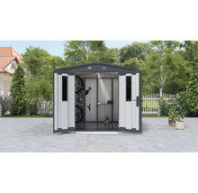 Magazie metalică de grădină cu uși deschise pentru depozitarea uneltelor de grădinărit și a bicicletelor