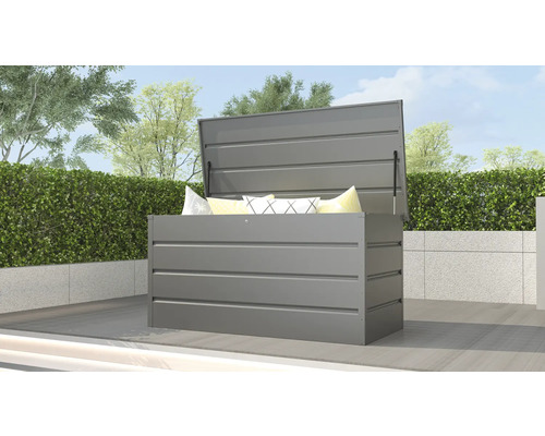 Cutie de depozitare gri deschisă cu perne în grădină