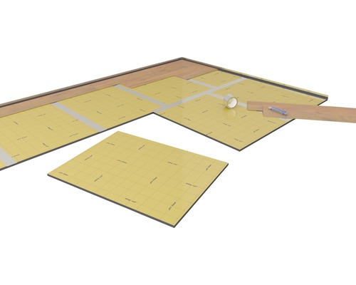 Instalare pardoseală cu substrat izolator, bandă adezivă, laminat și cuțit cutter.