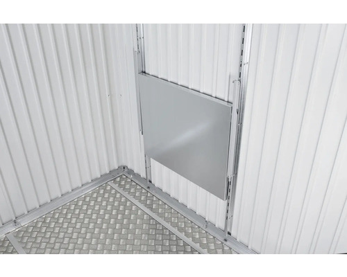 Vizualizare detaliată a unei magazii de grădină cu placă de podea și panouri de perete.