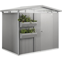 Șopron de grădină cu ușă și două jardiniere plantate